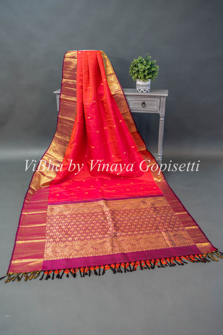 Dark Coral And Magenta Kanchi Silk Saree With Blouse