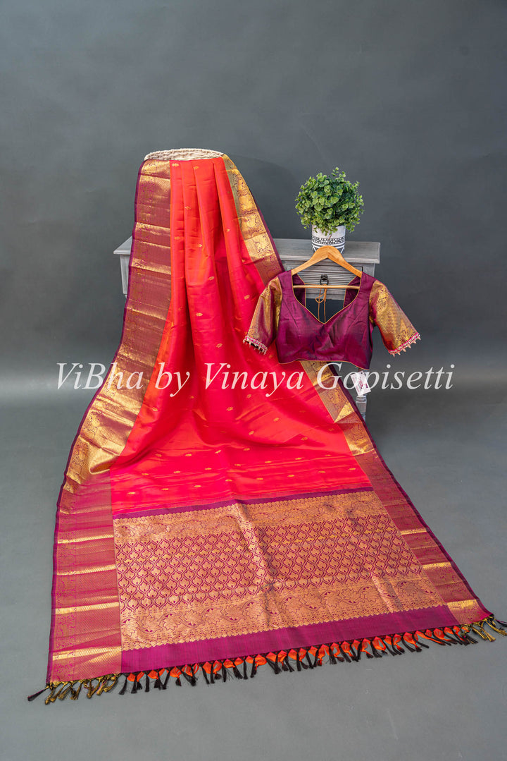 Dark Coral And Magenta Kanchi Silk Saree With Blouse