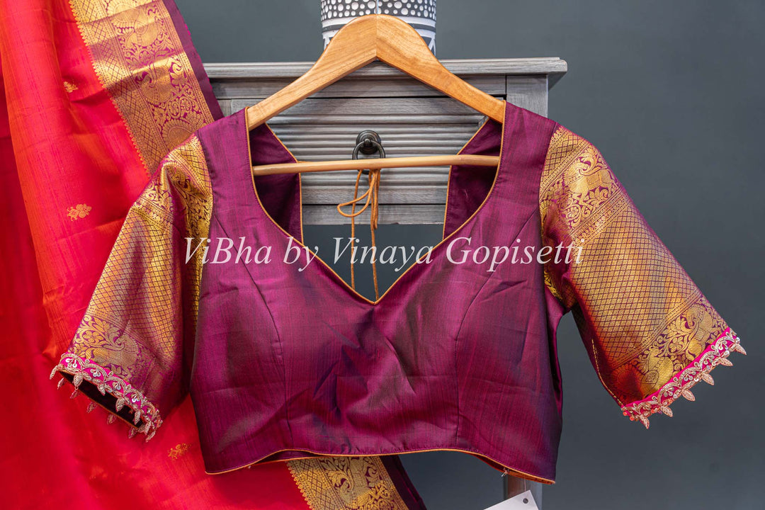 Dark Coral And Magenta Kanchi Silk Saree With Blouse