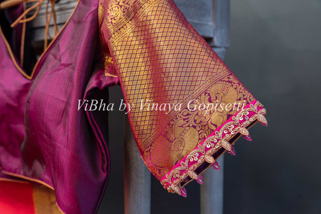 Dark Coral And Magenta Kanchi Silk Saree With Blouse