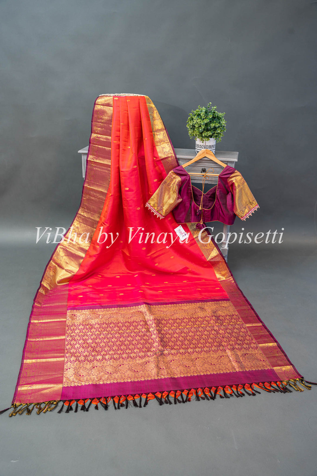 Dark Coral And Magenta Kanchi Silk Saree With Blouse