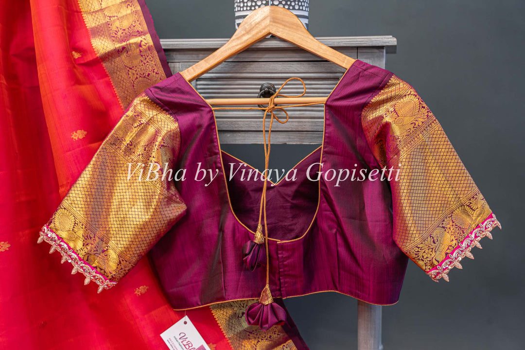 Dark Coral And Magenta Kanchi Silk Saree With Blouse