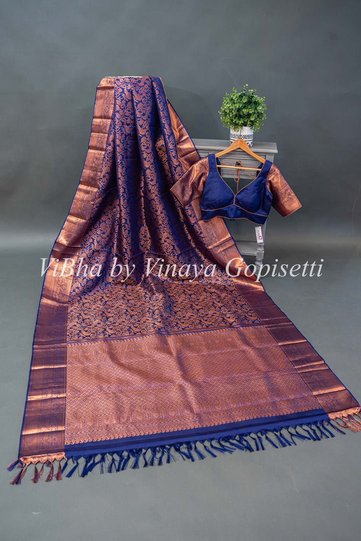 Dark Purple Copper Zari Kanchi Silk Saree And Blouse