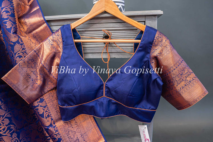 Dark Purple Copper Zari Kanchi Silk Saree And Blouse