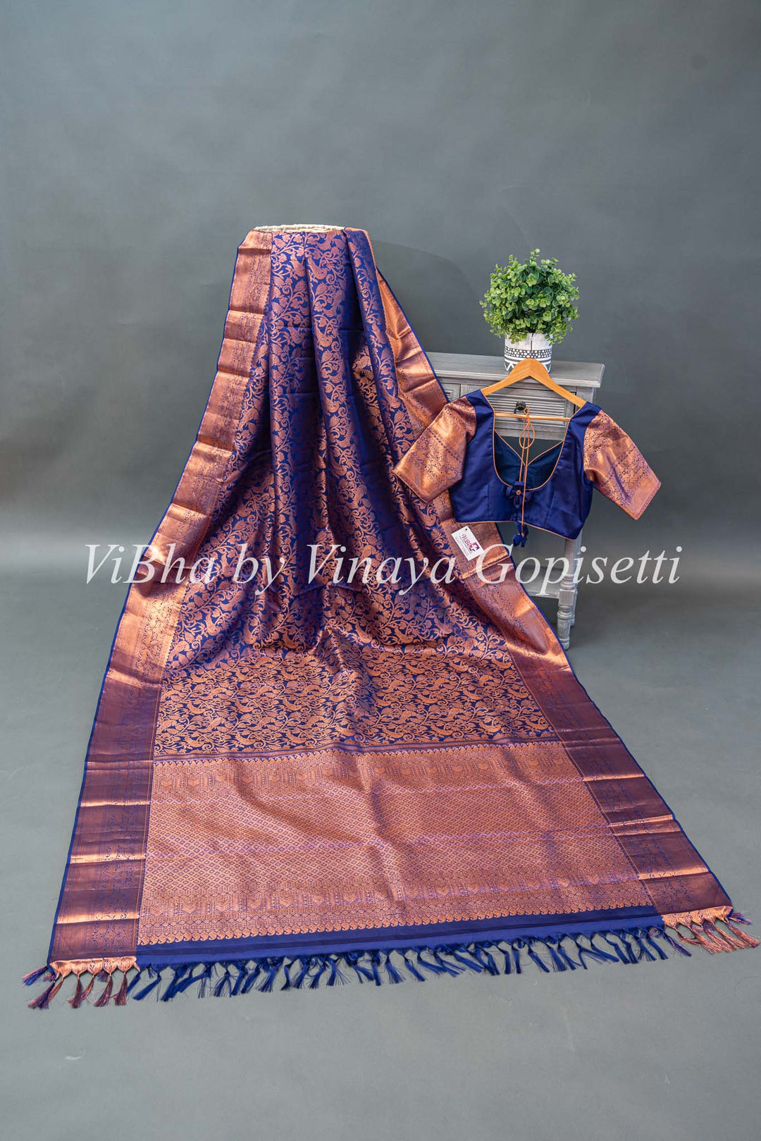 Dark Purple Copper Zari Kanchi Silk Saree And Blouse