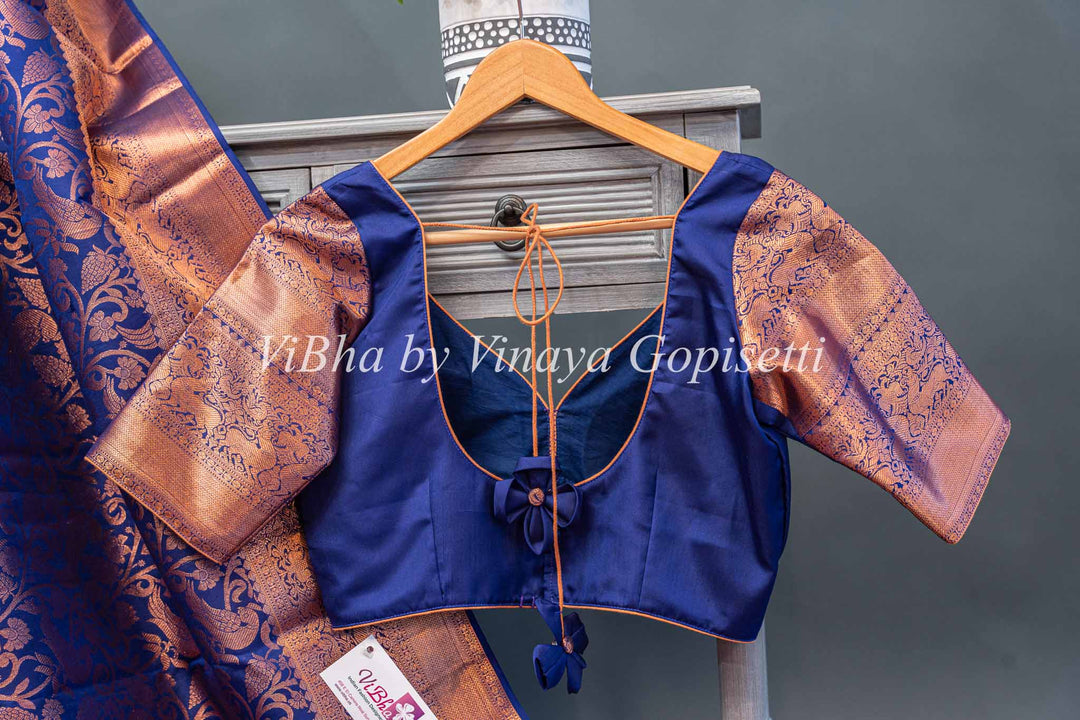 Dark Purple Copper Zari Kanchi Silk Saree And Blouse