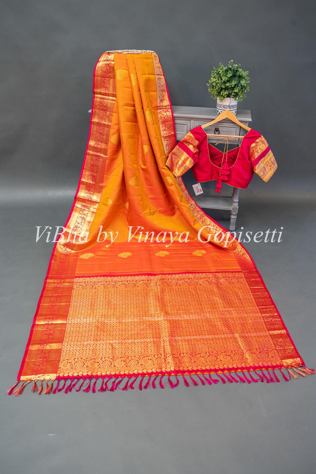 Orangish Yellow Kanchi Silk Saree And Blouse