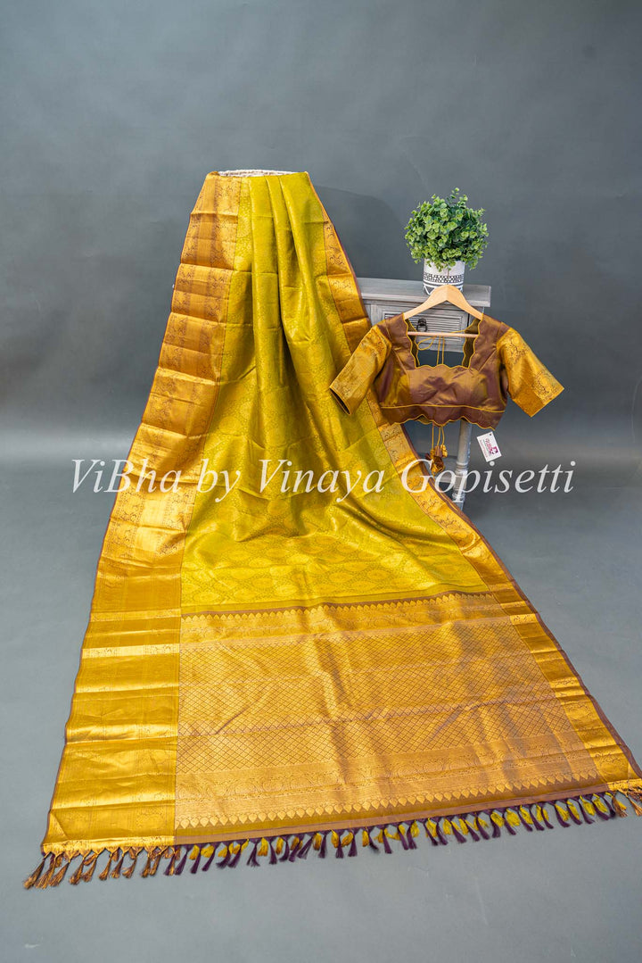 Light and Dark Olive Kanchi Silk Saree And Blouse