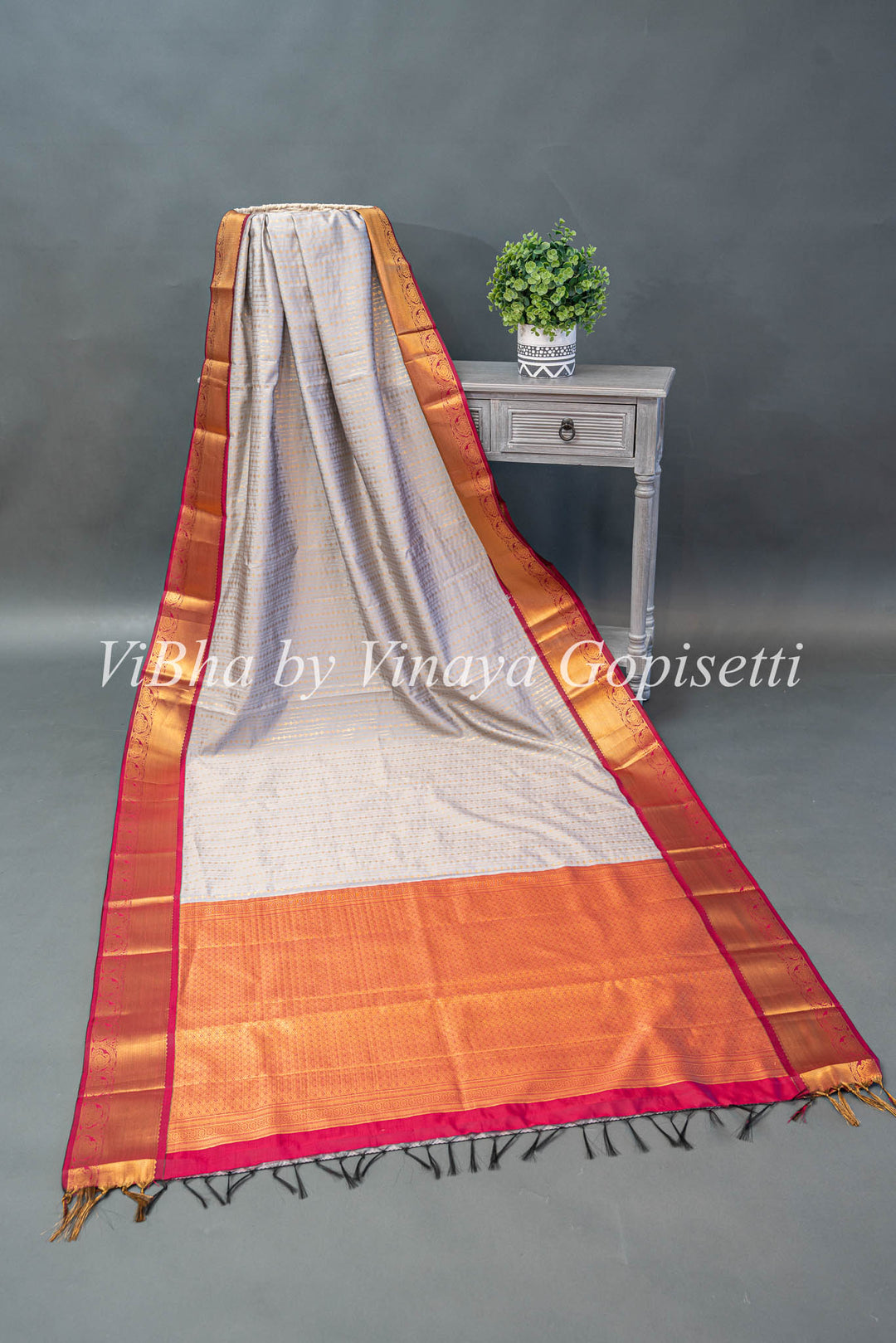 Snow Grey and Deep Maroon Kanchi Silk Saree and Blouse