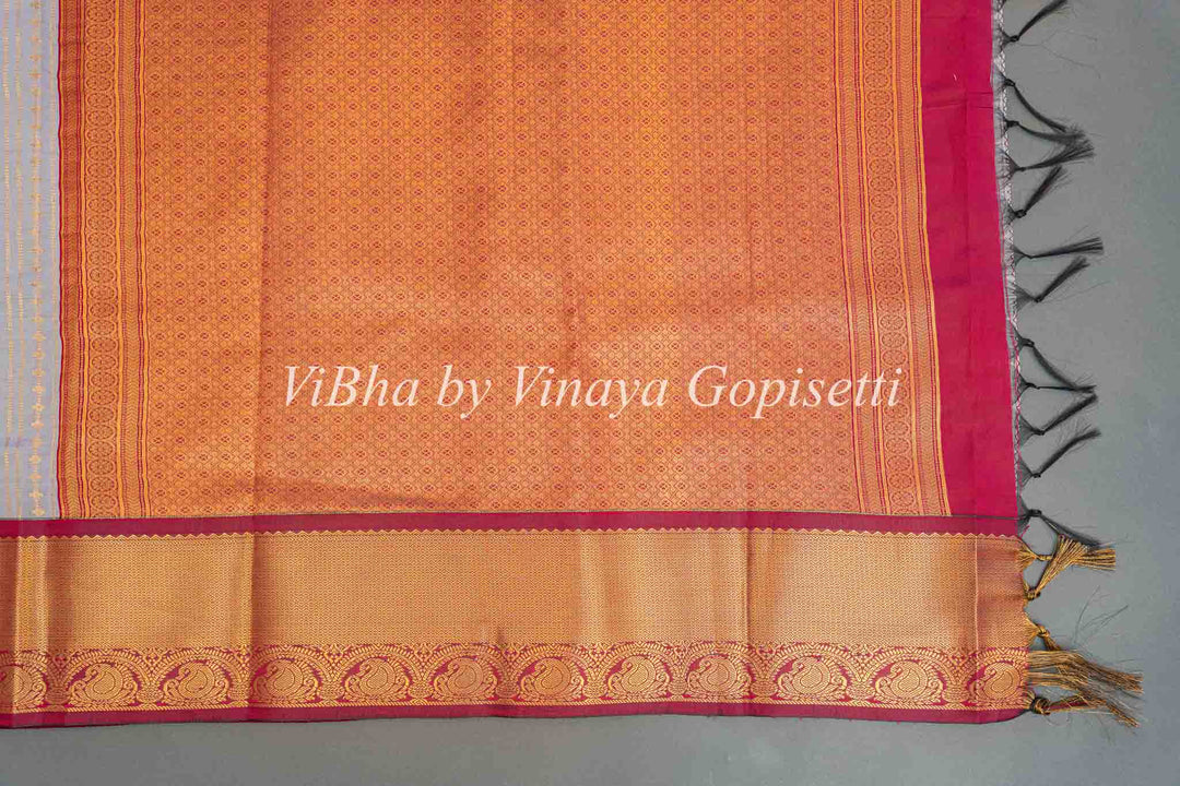 Snow Grey and Deep Maroon Kanchi Silk Saree and Blouse