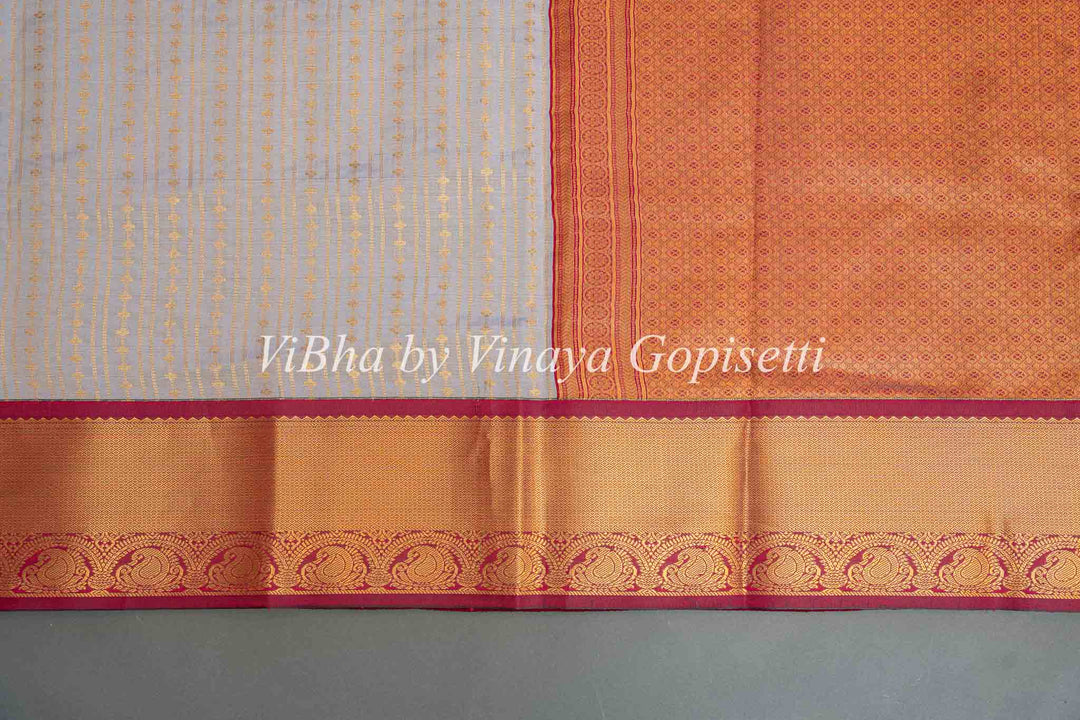 Snow Grey and Deep Maroon Kanchi Silk Saree and Blouse