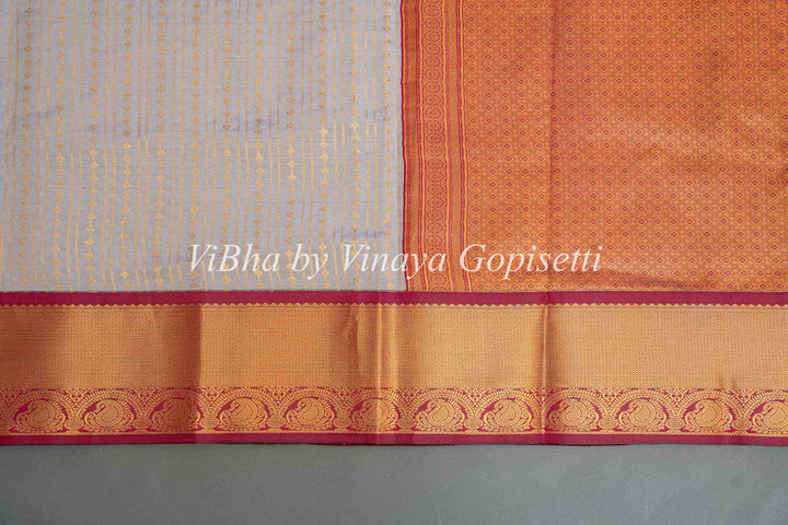 Snow Grey and Deep Maroon Kanchi Silk Saree and Blouse