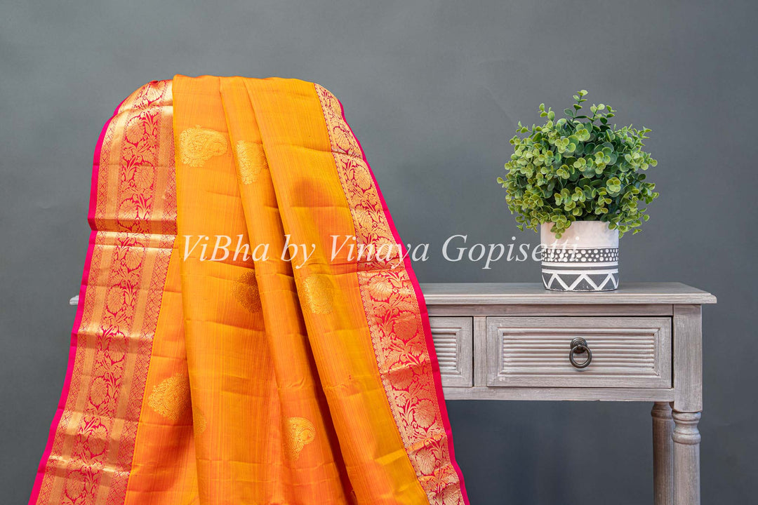 Orangish Yellow Kanchi Silk Saree And Blouse