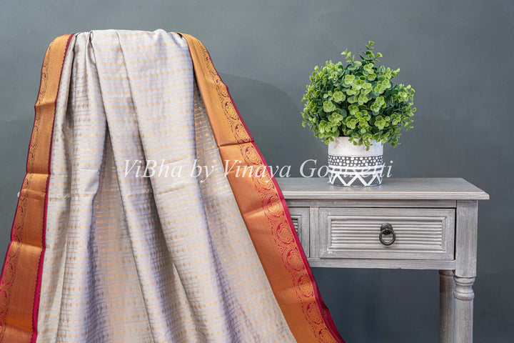 Snow Grey and Deep Maroon Kanchi Silk Saree and Blouse