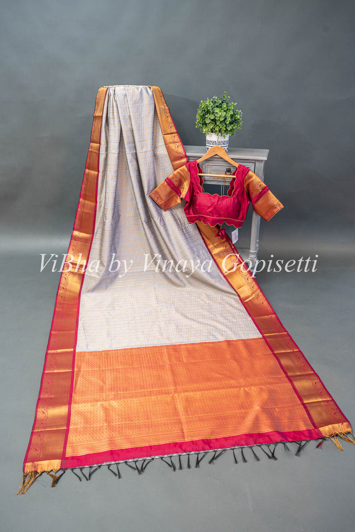 Snow Grey and Deep Maroon Kanchi Silk Saree and Blouse