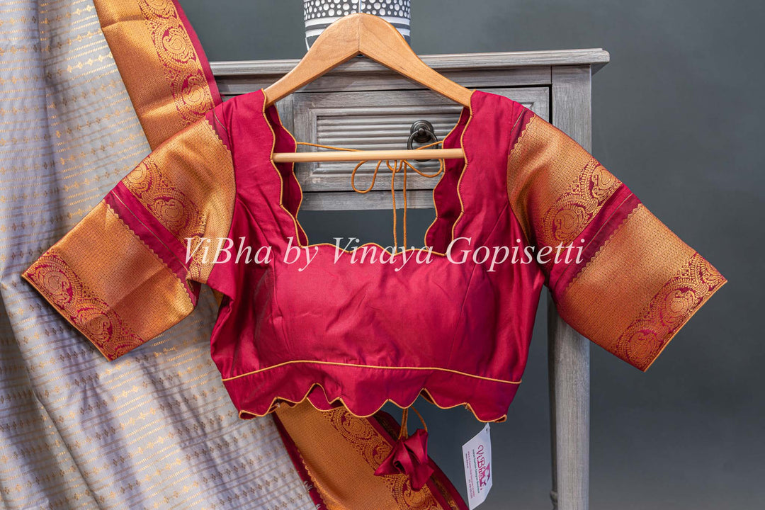 Snow Grey and Deep Maroon Kanchi Silk Saree and Blouse