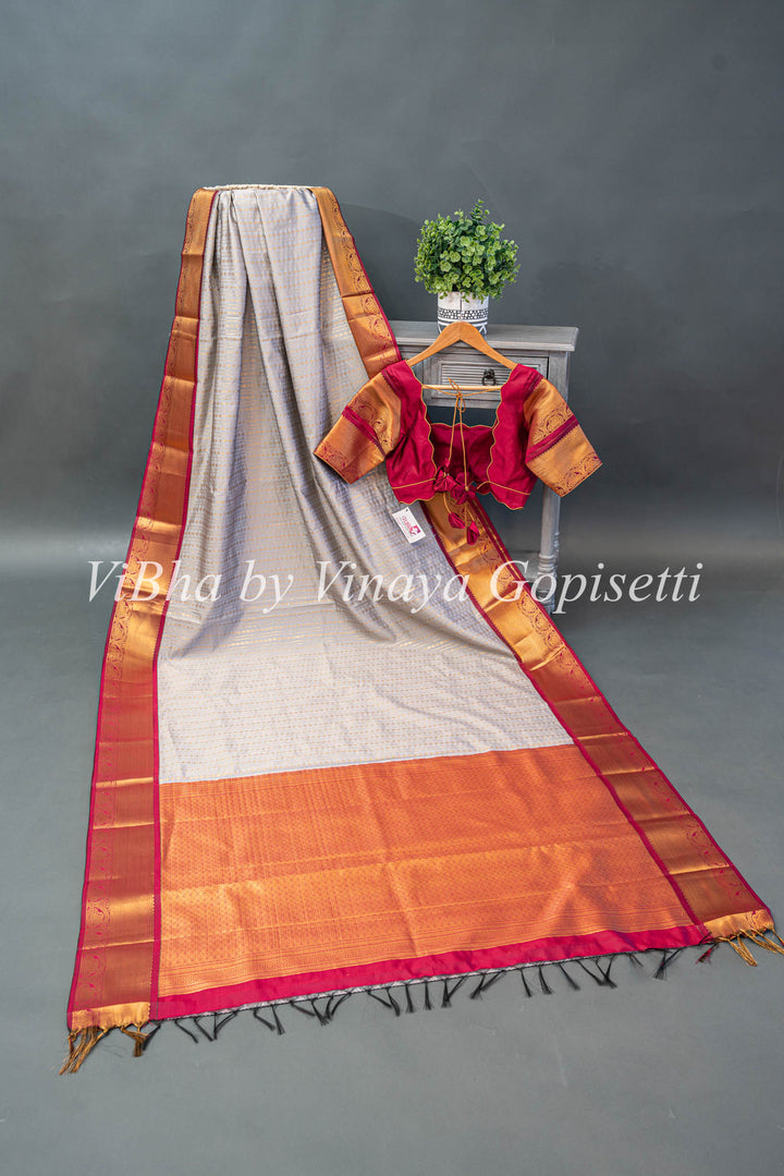 Snow Grey and Deep Maroon Kanchi Silk Saree and Blouse