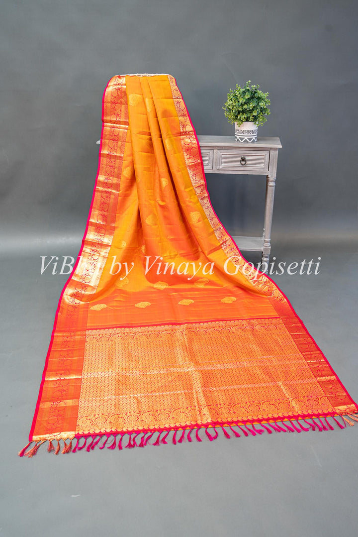 Orangish Yellow Kanchi Silk Saree And Blouse