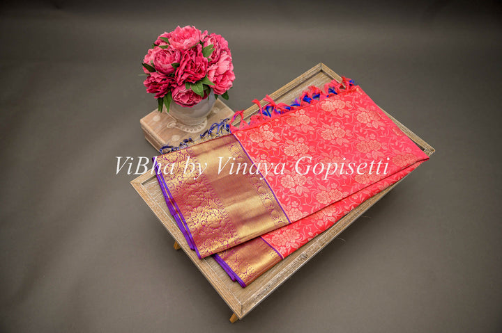 Coral and Purple Kanchi All Over Design Silk Saree And Blouse