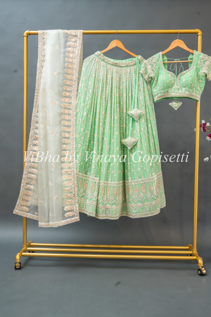 Mint Embroidered Georgette Lehenga Set