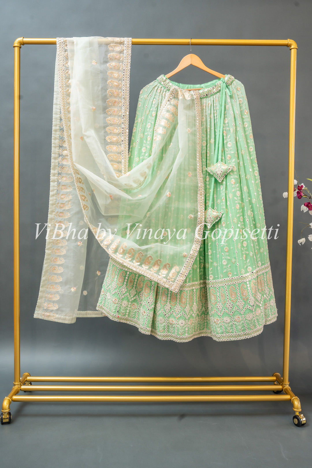 Mint Embroidered Georgette Lehenga Set