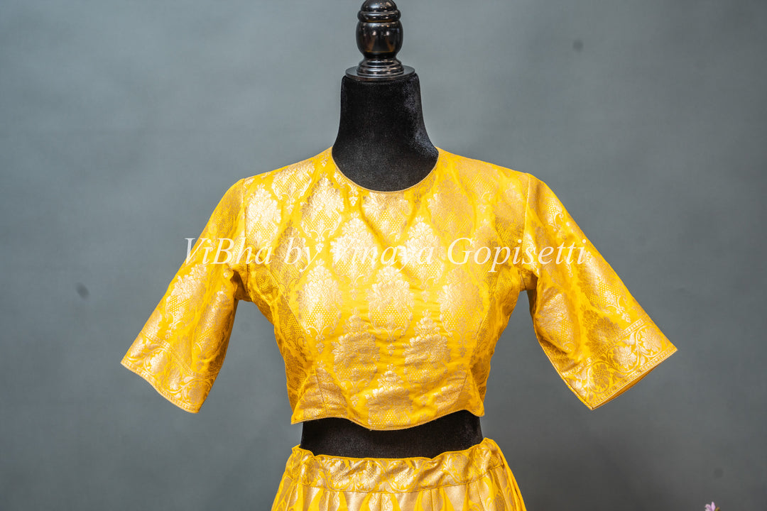 Yellow and White Banarasi Silk Lehenga Set