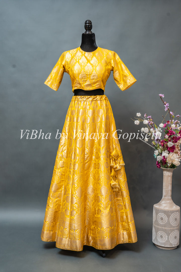 Yellow and White Banarasi Silk Lehenga Set