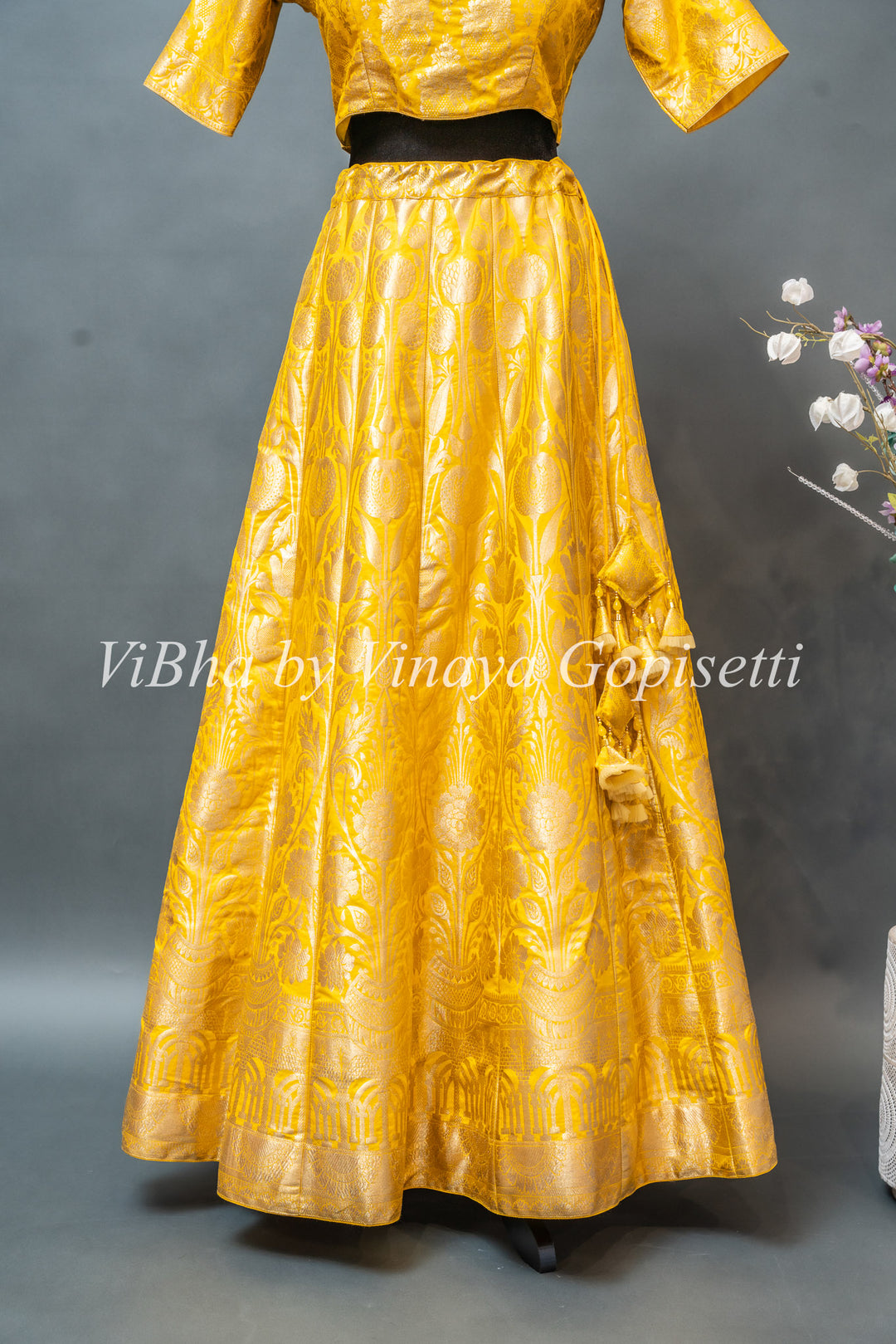 Yellow and White Banarasi Silk Lehenga Set