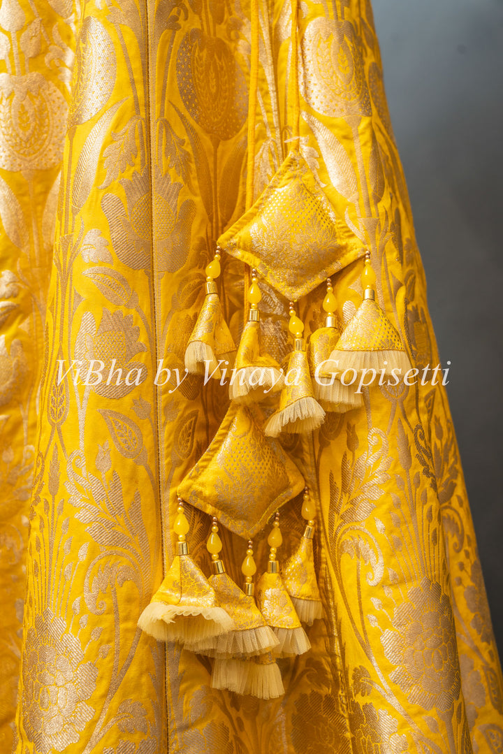 Yellow and White Banarasi Silk Lehenga Set