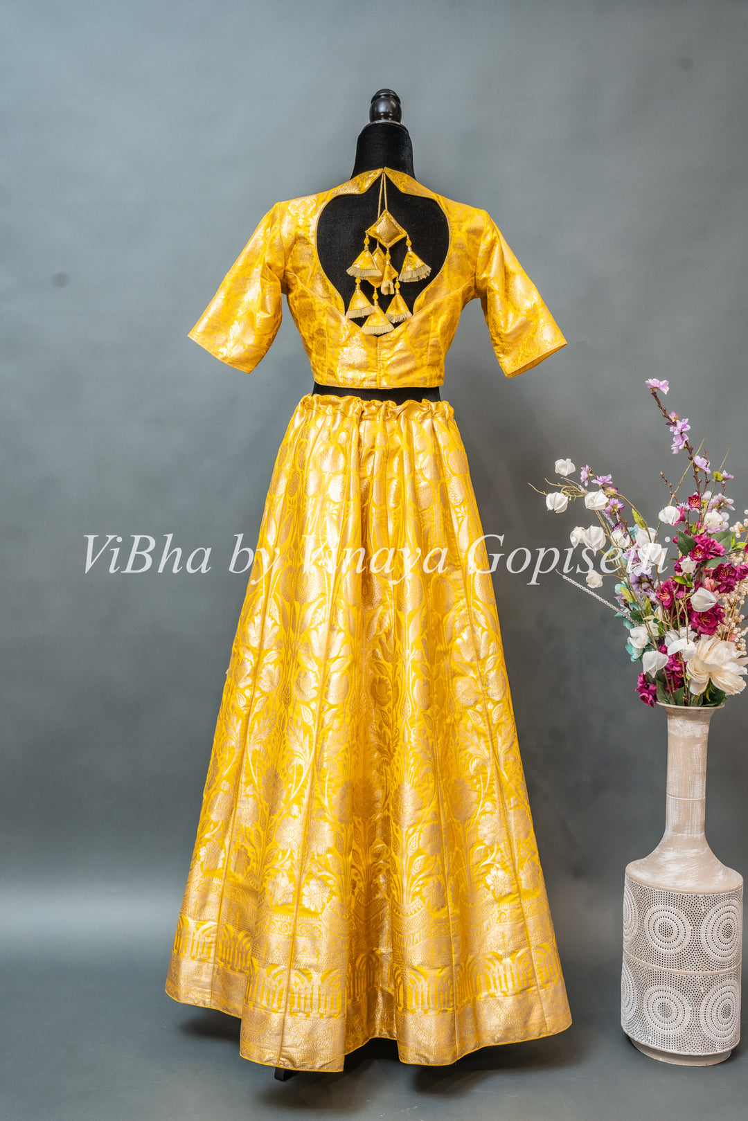 Yellow and White Banarasi Silk Lehenga Set