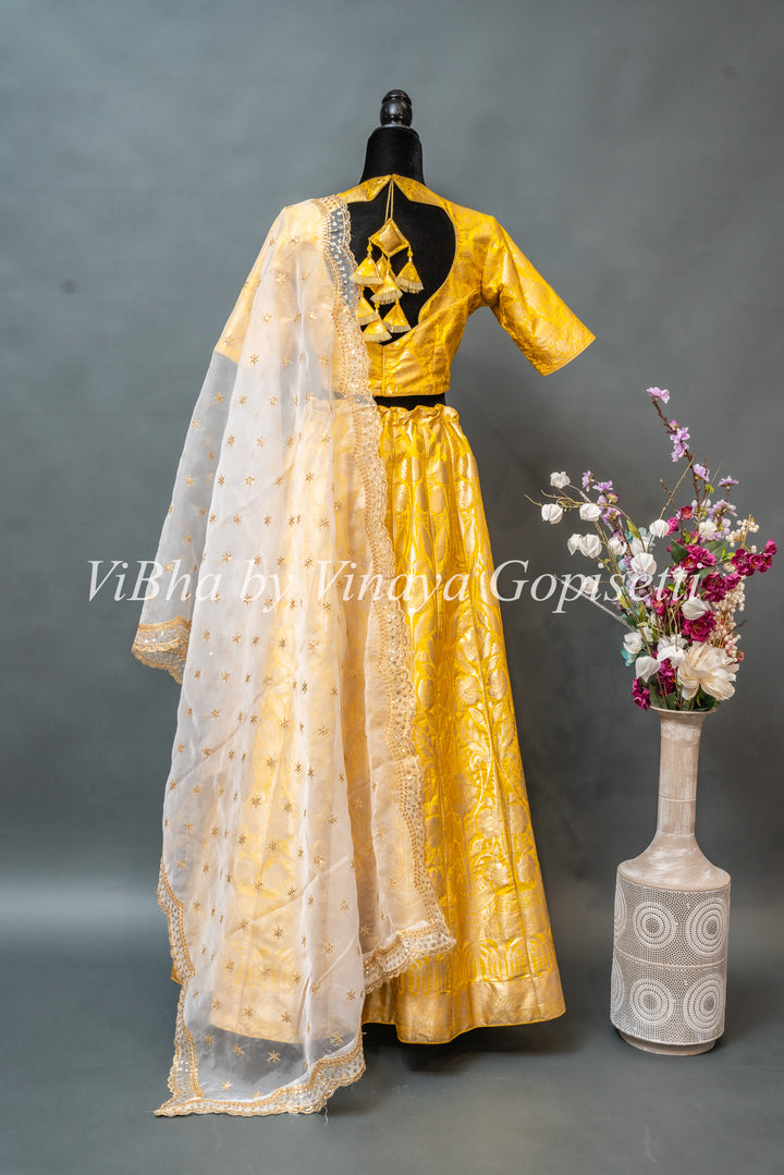 Yellow and White Banarasi Silk Lehenga Set