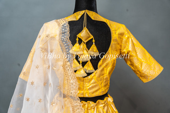 Yellow and White Banarasi Silk Lehenga Set