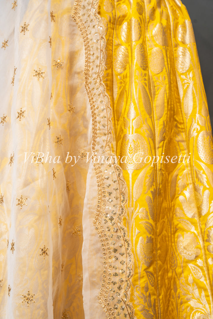 Yellow and White Banarasi Silk Lehenga Set