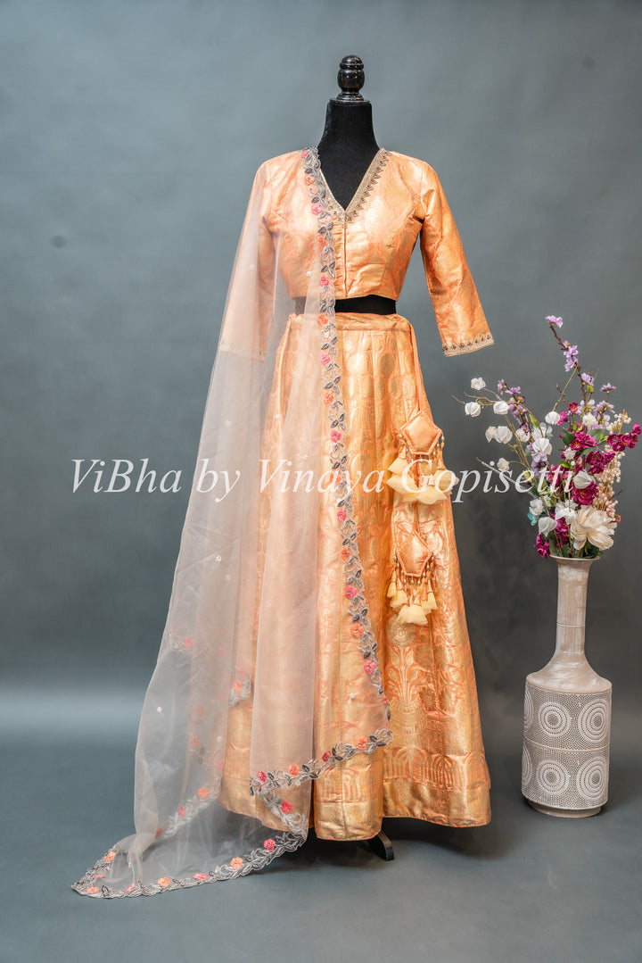 Pastel Peach Banarasi Silk Lehenga Set