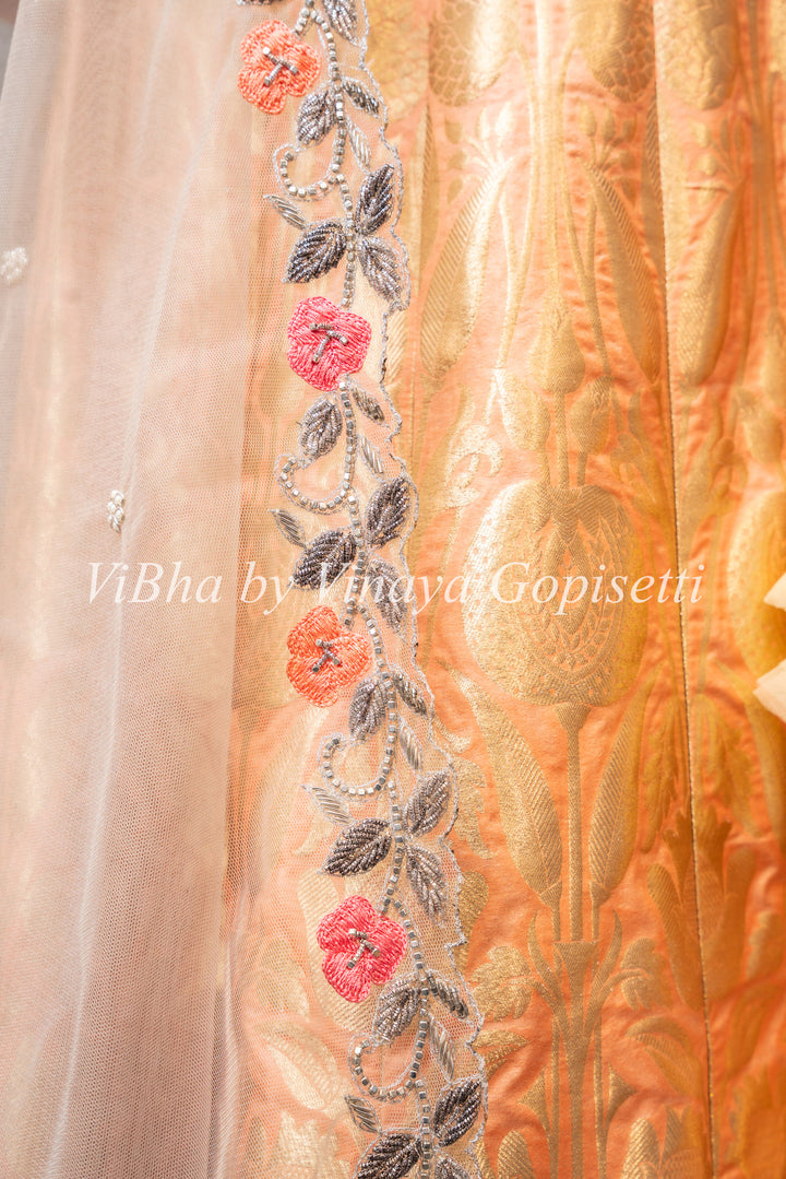 Pastel Peach Banarasi Silk Lehenga Set