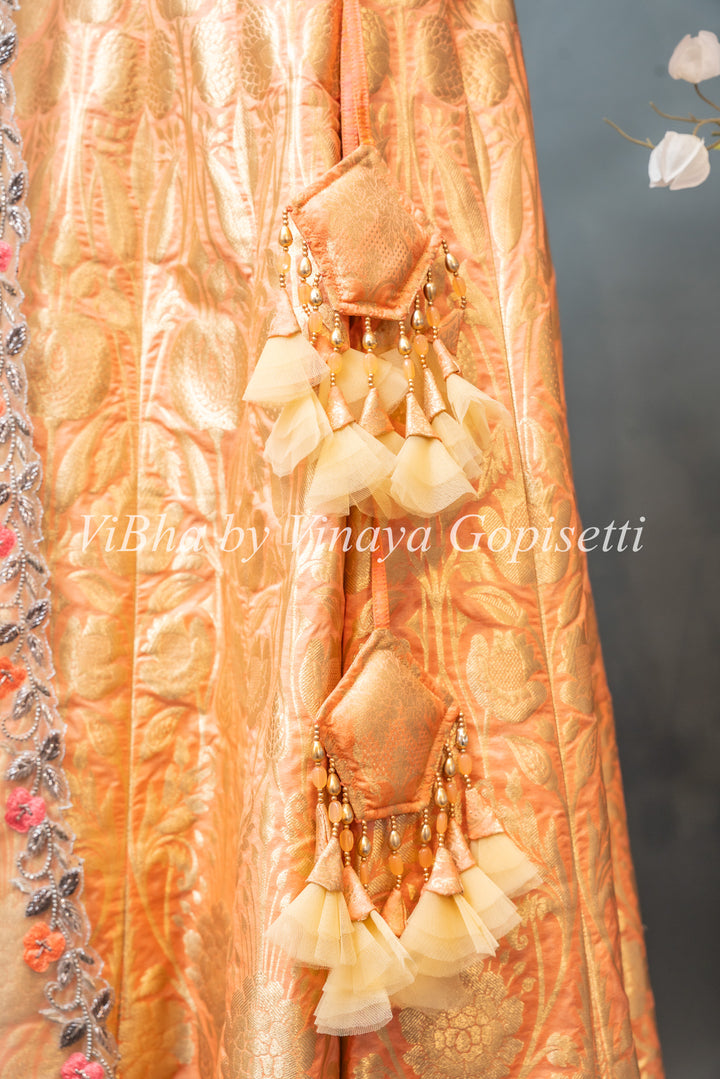 Pastel Peach Banarasi Silk Lehenga Set