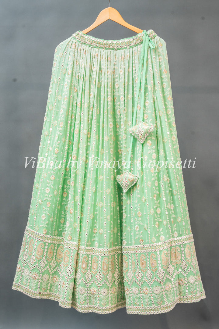 Mint Embroidered Georgette Lehenga Set