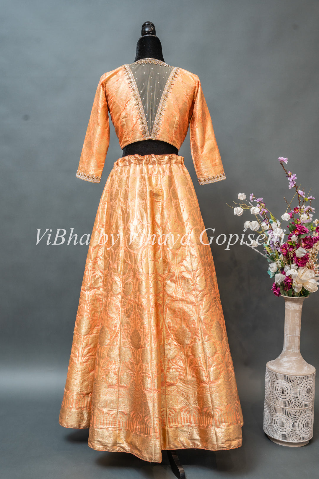 Pastel Peach Banarasi Silk Lehenga Set