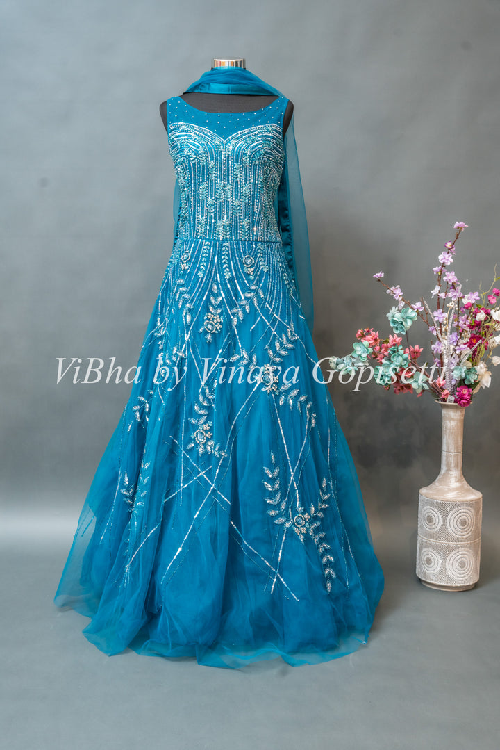 Cerulean Blue Embroidered Floor Length Gown