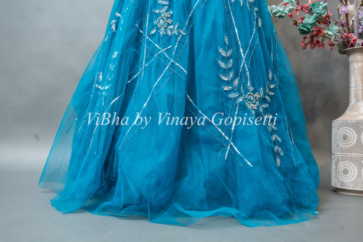 Cerulean Blue Embroidered Floor Length Gown