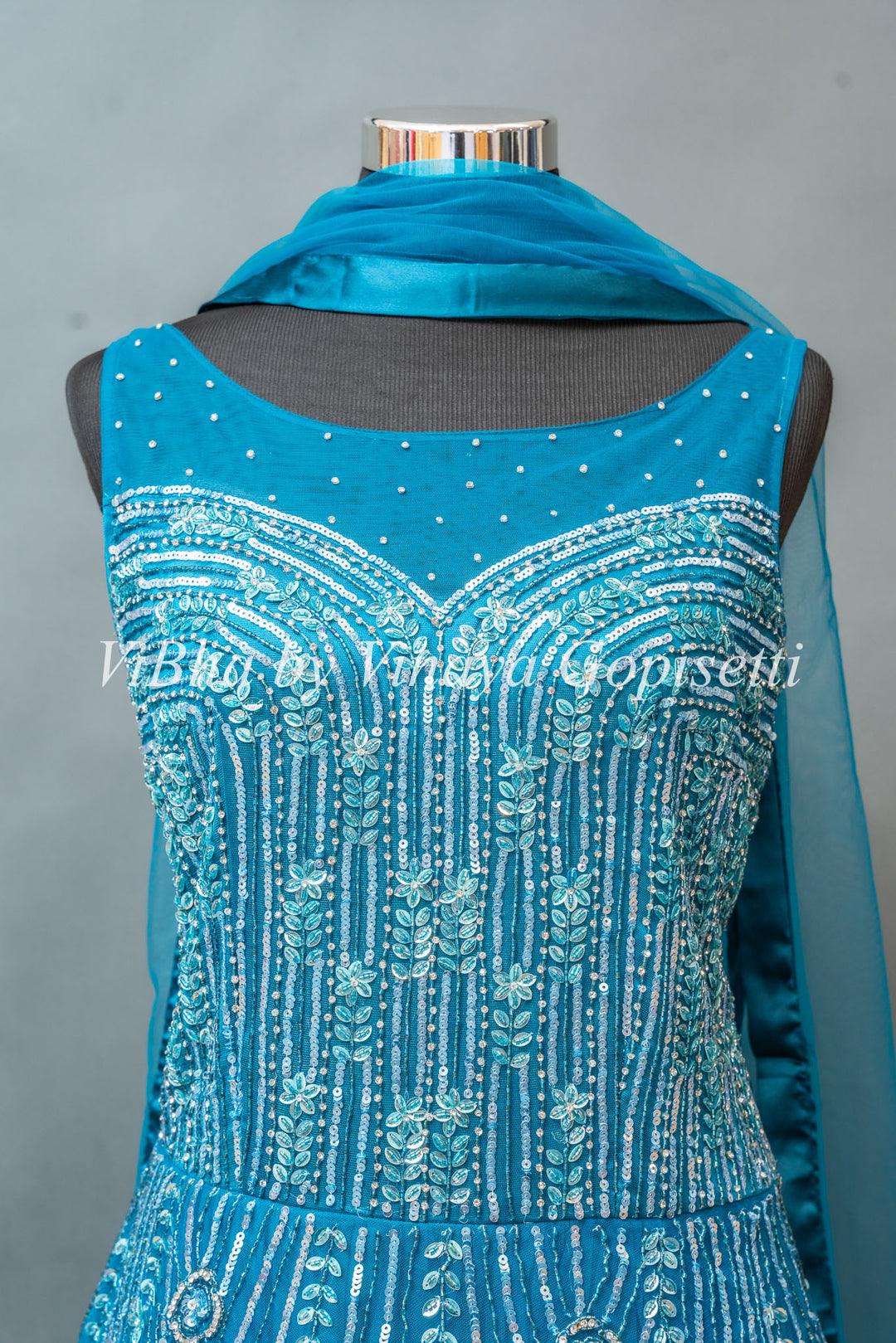 Cerulean Blue Embroidered Floor Length Gown