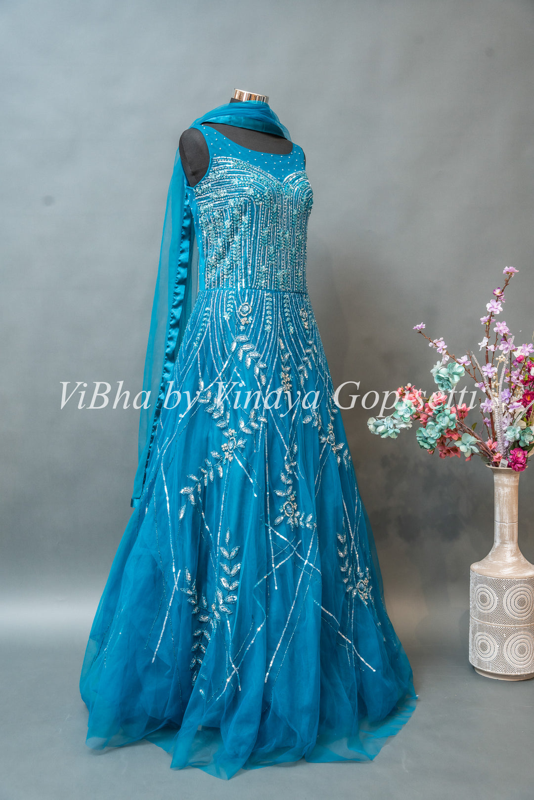 Cerulean Blue Embroidered Floor Length Gown