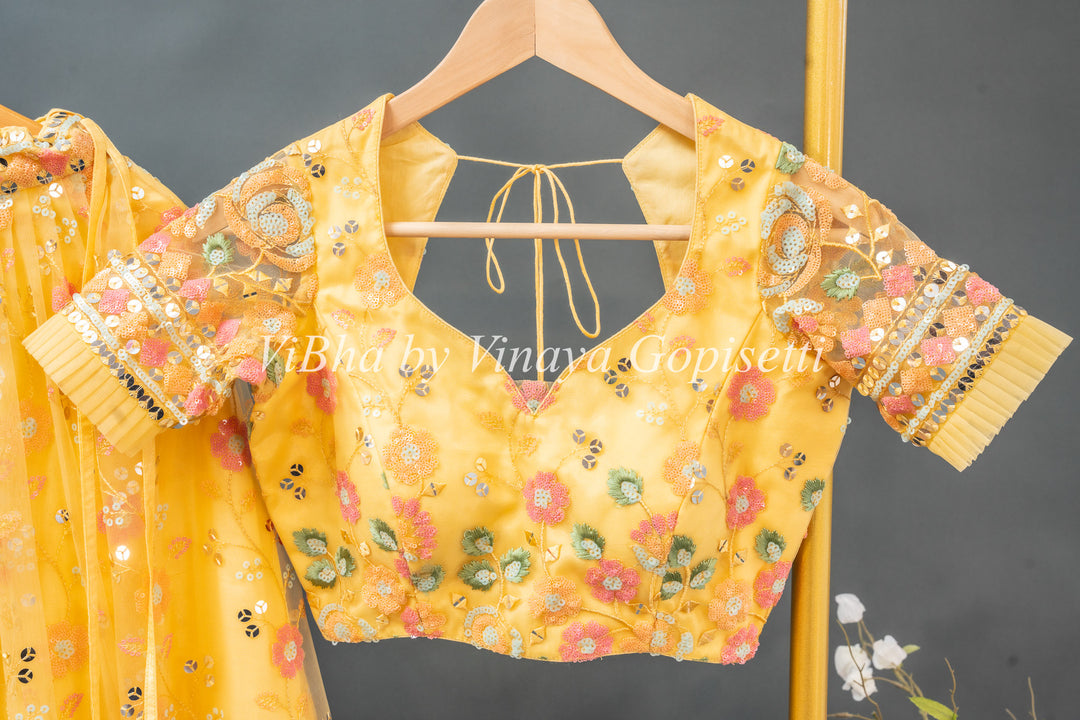 Yellow Net Embroidered Set