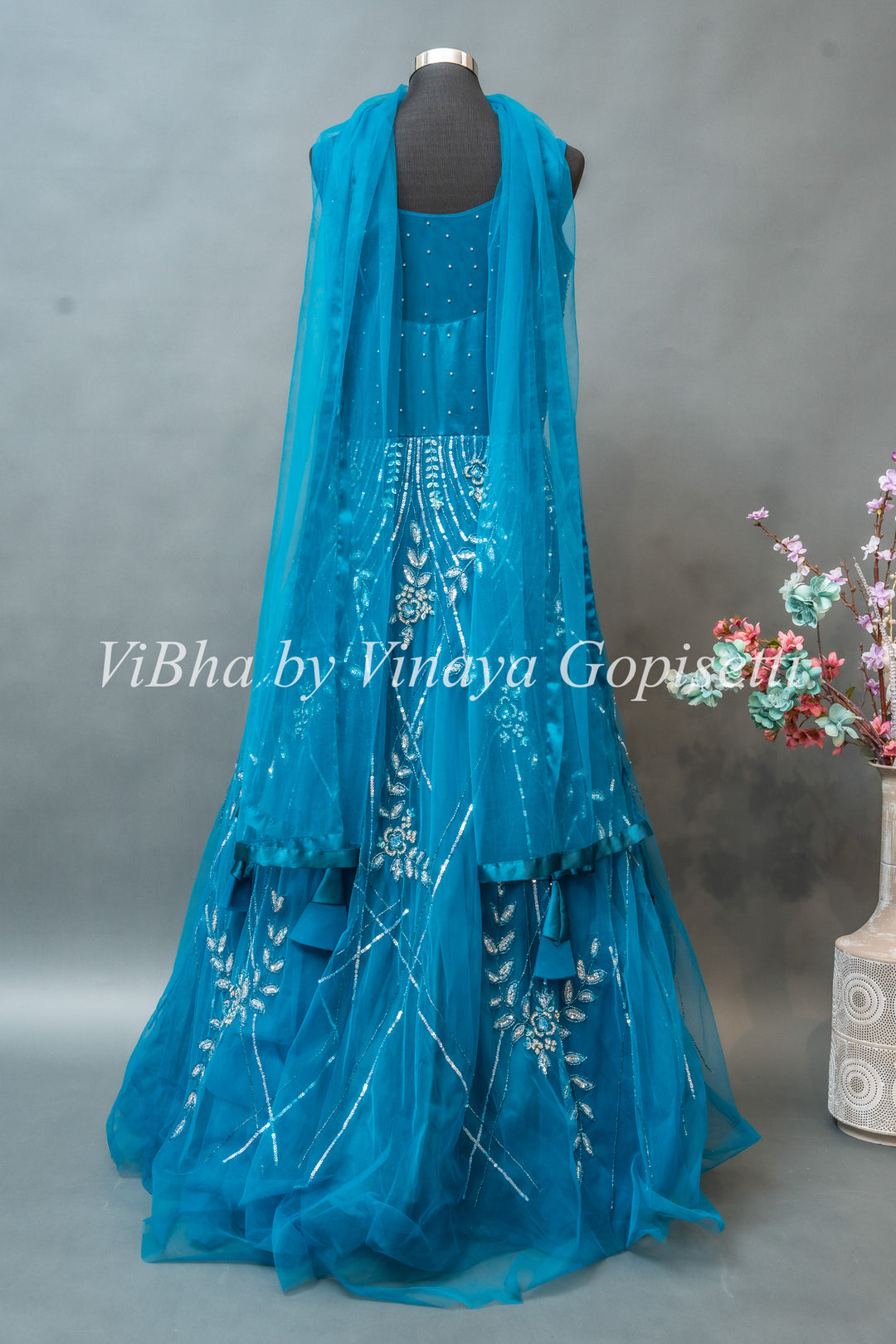 Cerulean Blue Embroidered Floor Length Gown