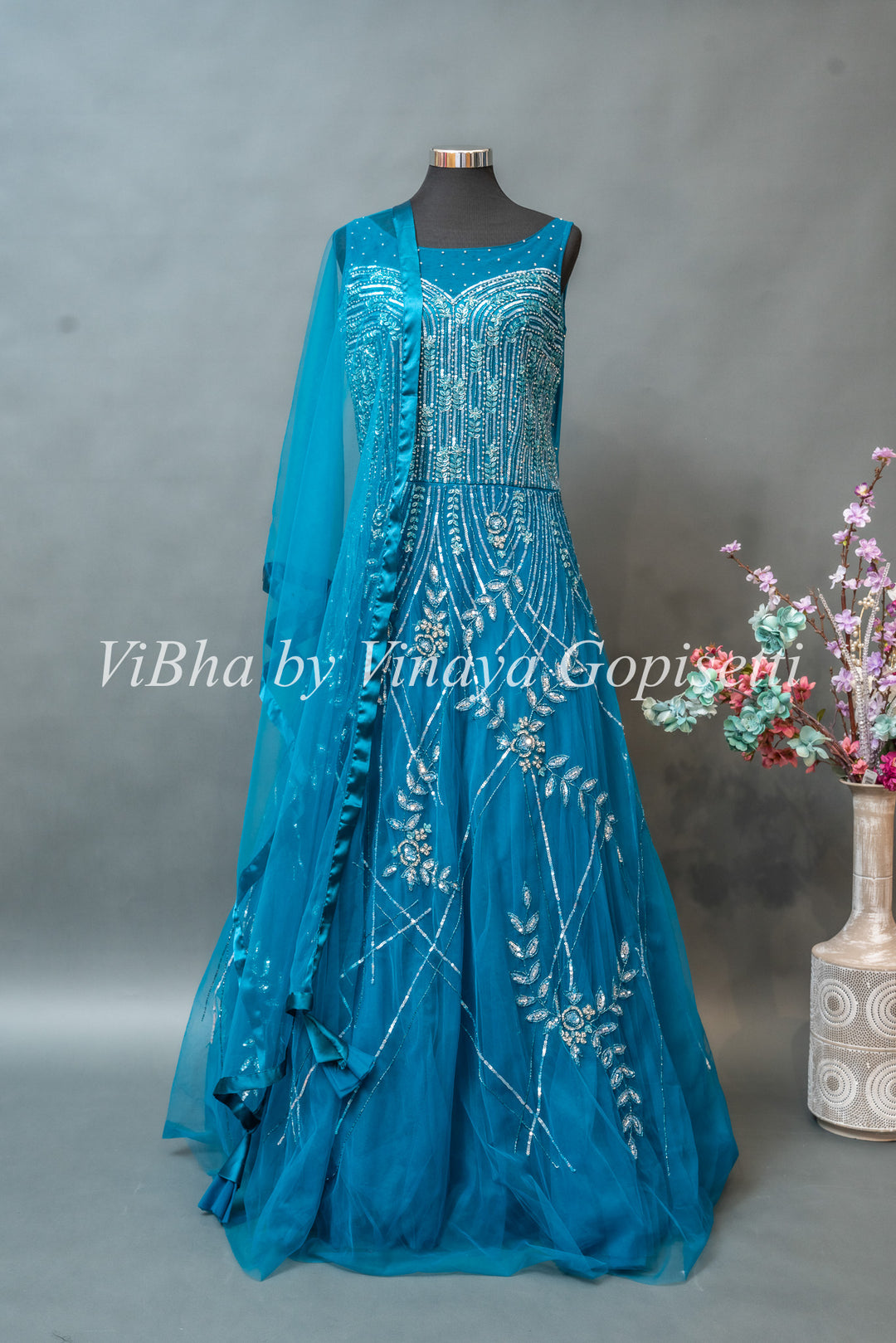 Cerulean Blue Embroidered Floor Length Gown