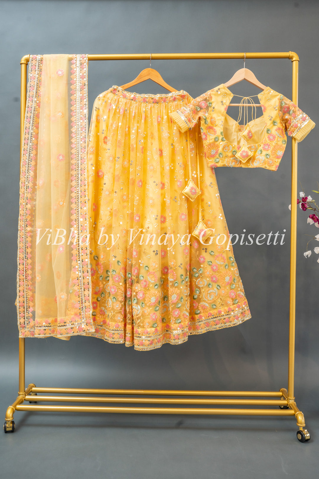 Yellow Net Embroidered Set