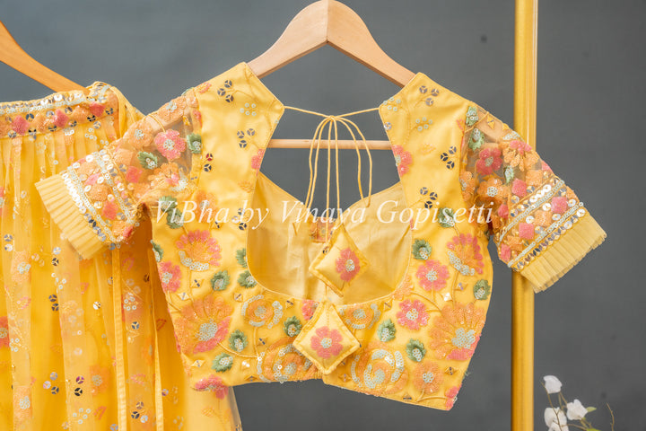 Yellow Net Embroidered Set