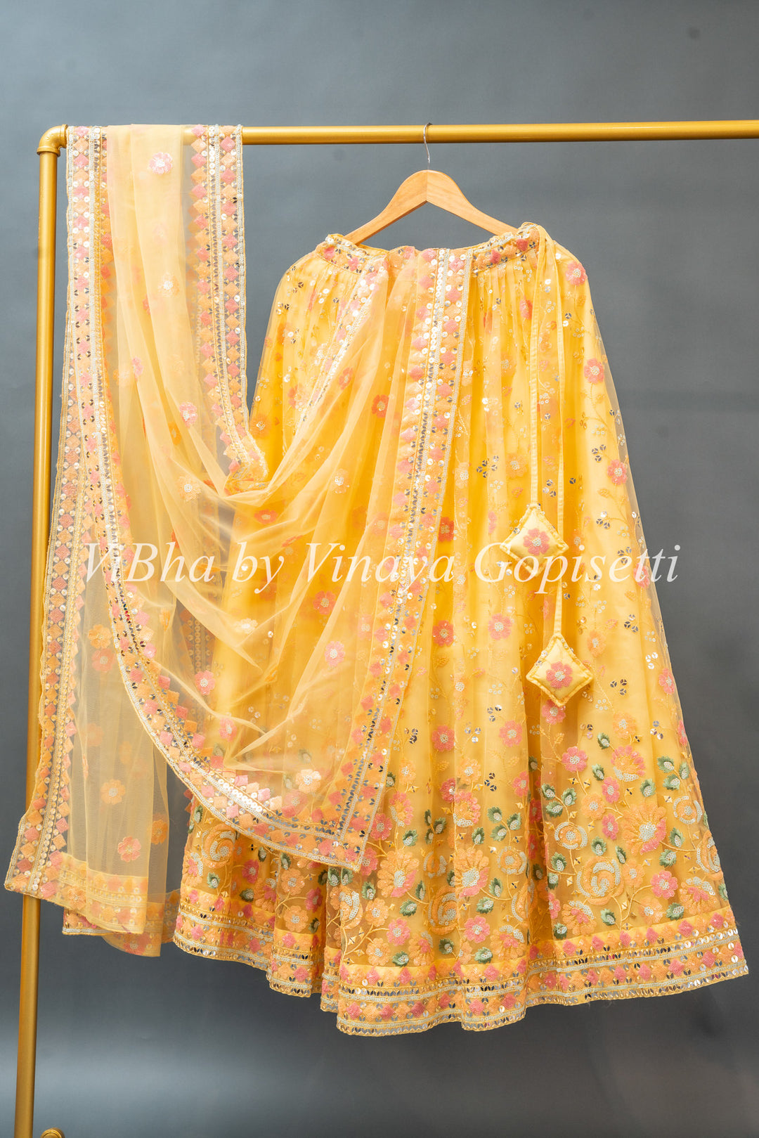 Yellow Net Embroidered Set