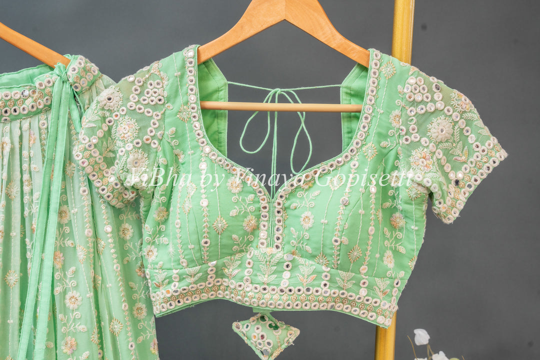 Mint Embroidered Georgette Lehenga Set