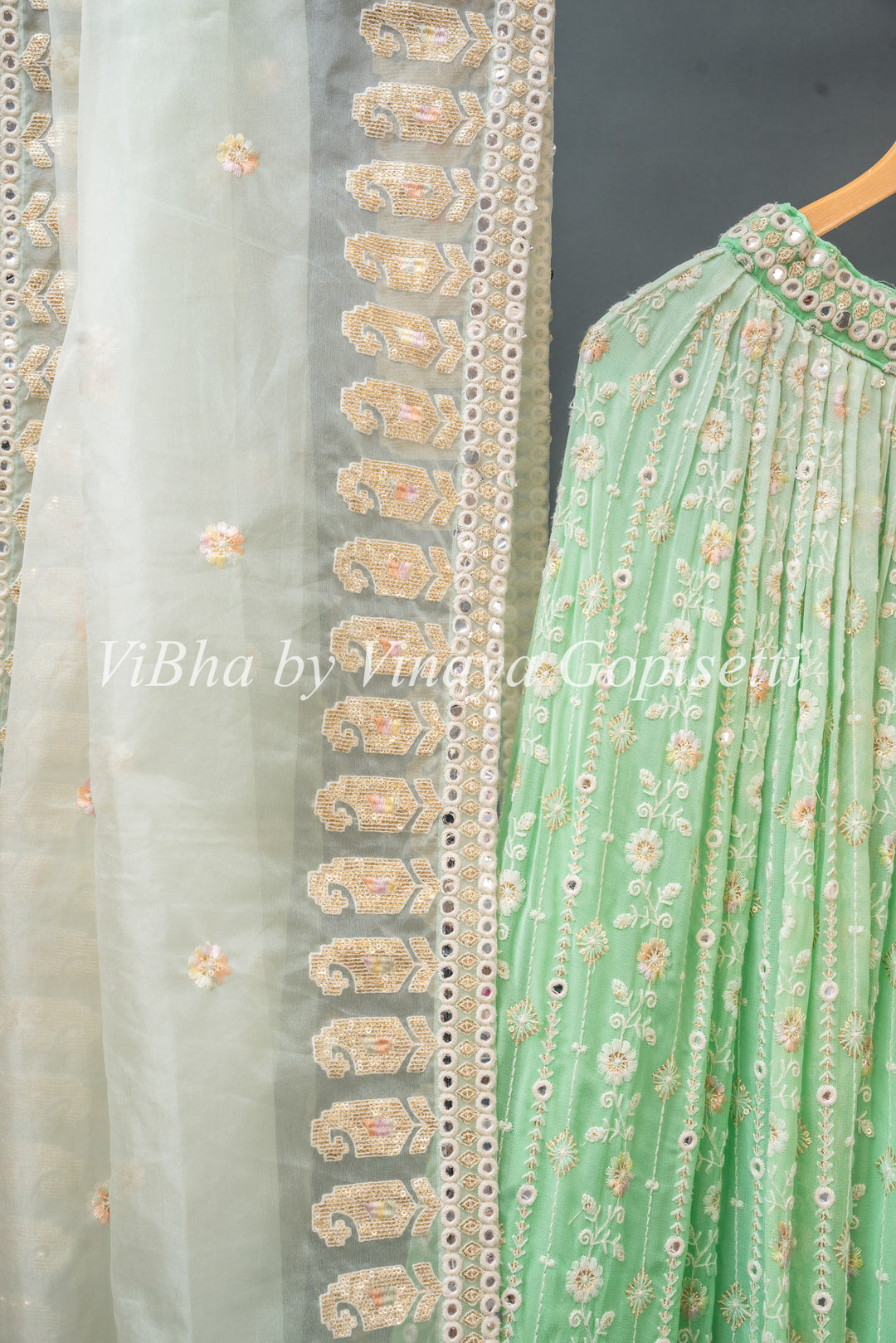 Mint Embroidered Georgette Lehenga Set